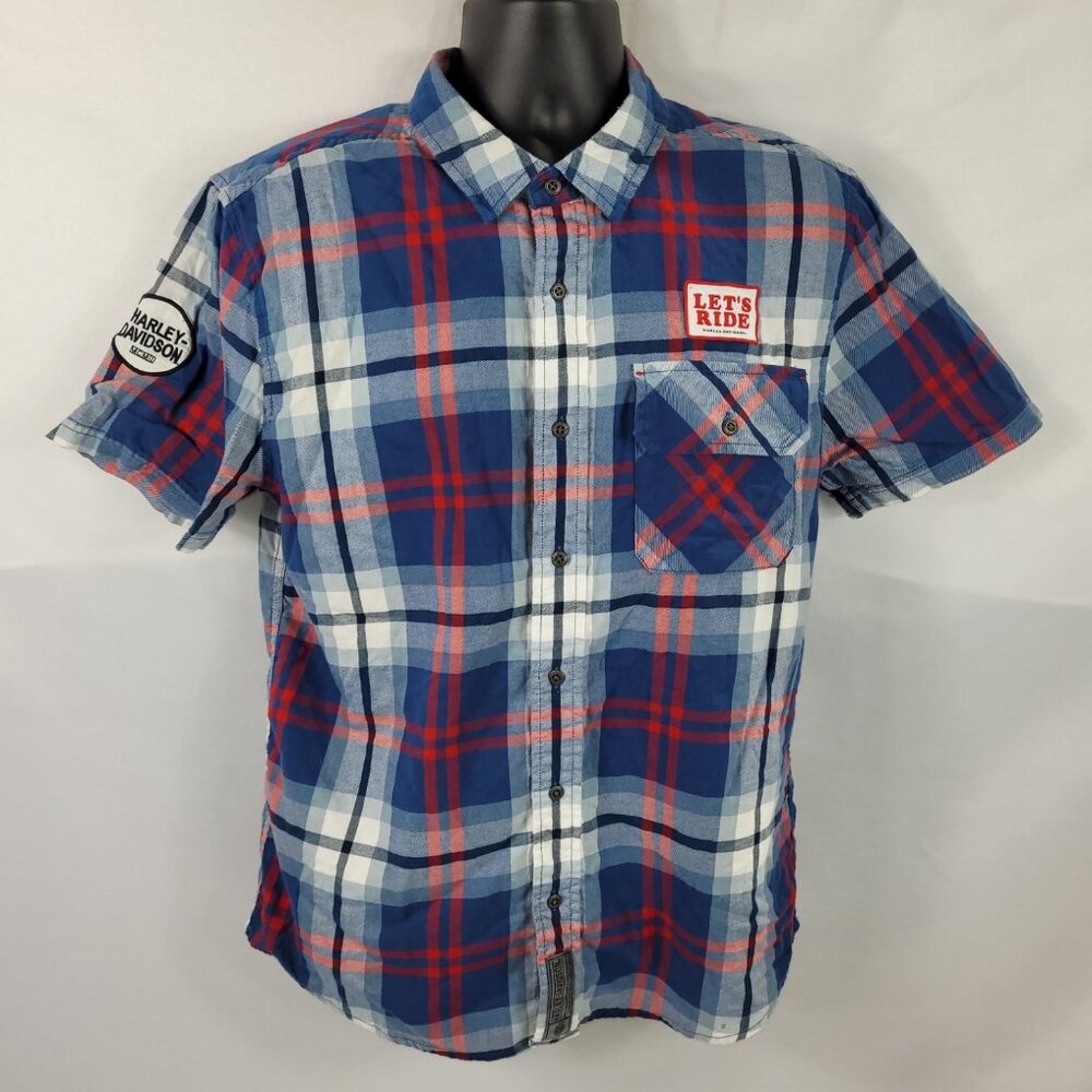 Harley Davidson Lets Ride Short Sleeve Button-Up Plaid Shirt Mens size Large